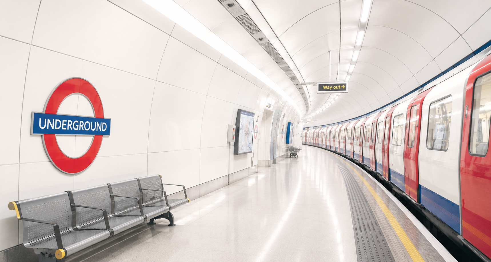 A London Underground station platform with a red and white train arriving on the right, a white tiled tunnel ceiling, a red roundel sign with the word UNDERGROUND on the left, and metal bench seating.