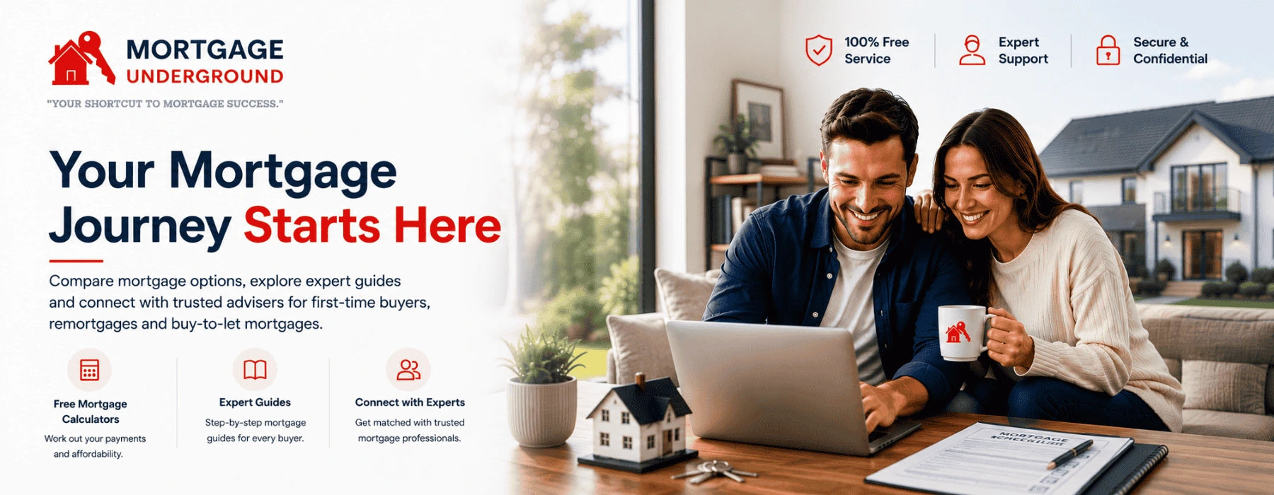 A mortgage service banner featuring the Mortgage Underground logo on the left and a lifestyle photo on the right of a smiling couple sitting at a table with a laptop, coffee mugs, and a small house model, with text reading 'Your Mortgage Journey Starts Here' and feature callouts.